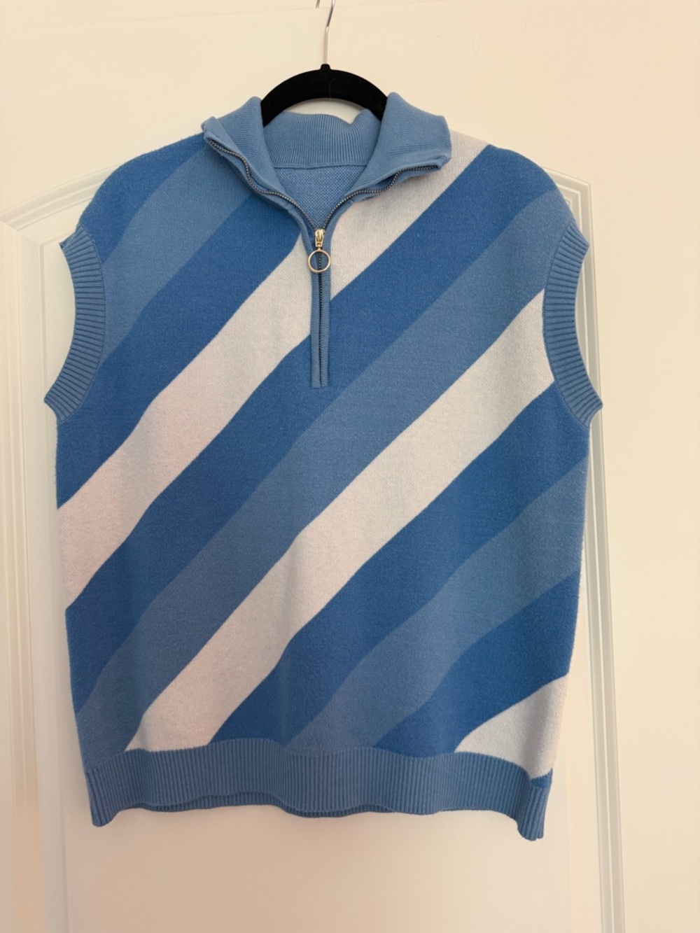 Light Blue and White Striped Half-Zip Knit Sweater Vest